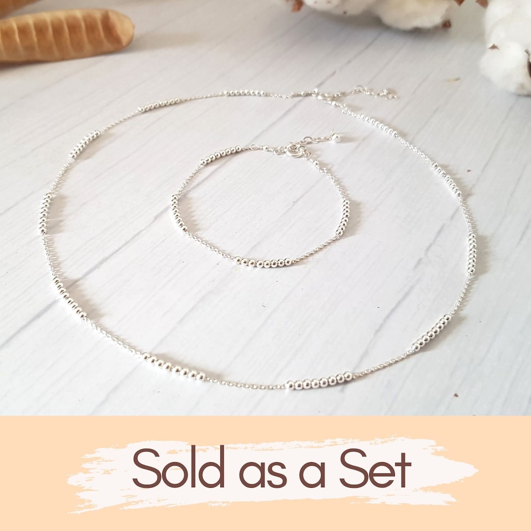 Minimalist Sterling Silver Bracelet and Necklace Set, Silver Set of