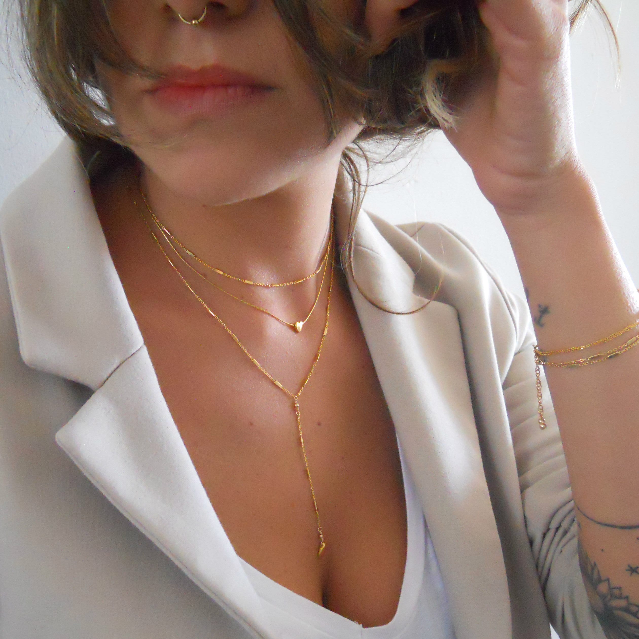 14K Gold Plated Lariat Necklace Dainty Layered Y-Choker With CZ