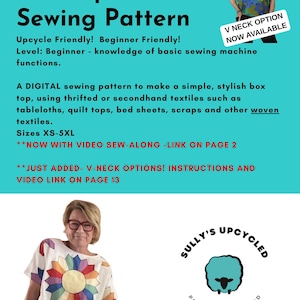 May include: A digital sewing pattern titled Sully's Upcycled Box Top Sewing Pattern for sizes XS-5XL. The document includes instructions for a box top, a V-neck option, and a video sew-along link. It features images of a person wearing a box top.