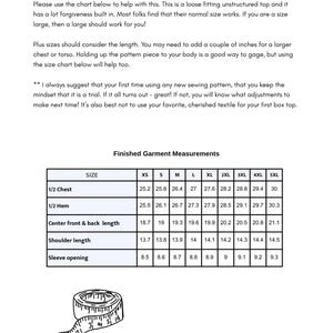 May include: A sizing chart for a loose fitting top with text instructions and a table titled Finished Garment Measurements. The table lists sizes XS through 5XL with corresponding measurements in inches. A drawing of a measuring tape is included.