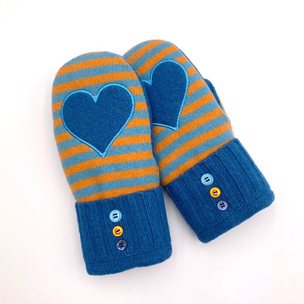 Recycled Wool Sweater Mittens felted, double Sherpa lined, blue, orange stripes, heart applique