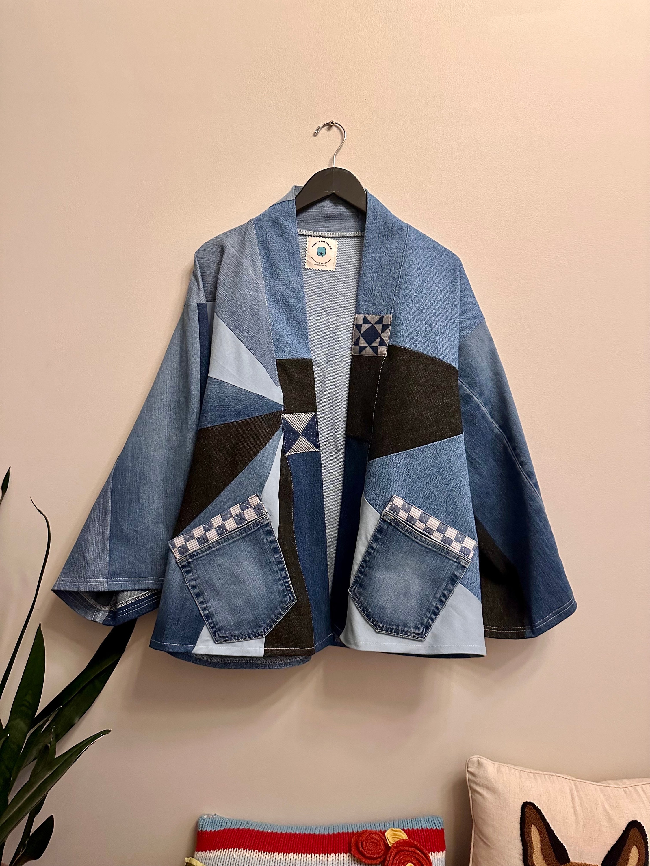 SALE- Upcycled denim/jeans kimono. Embellished with quilt prints. Free shippping one size fits most m-xl.