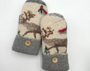 Mittens from Felted Wool Sweater, double Sherpa lining.  Cream, Gray, snow, deer, faux leather palm piece.
