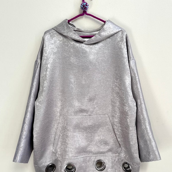 Upcycled Hoodie- made from a preloved grommet curtain. Mottled silver. Oversized fits L-XL Free Shipping