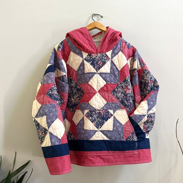 Quilt Hoodie - upcycled from beautiful vintage quilts.  oversized, midweight.  Purple, mauve, cream. Free shipping.
