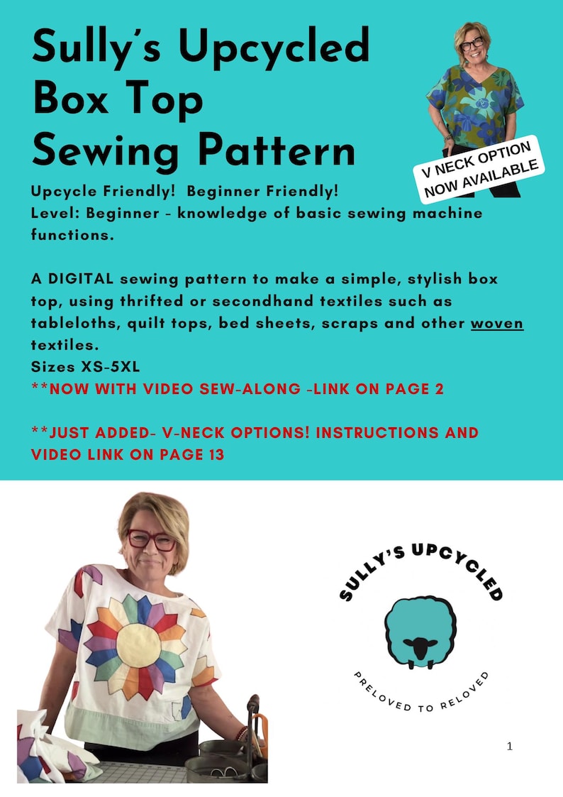 May include: A digital sewing pattern titled Sully's Upcycled Box Top Sewing Pattern for sizes XS-5XL. The document includes instructions for a box top, a V-neck option, and a video sew-along link. It features images of a person wearing a box top.