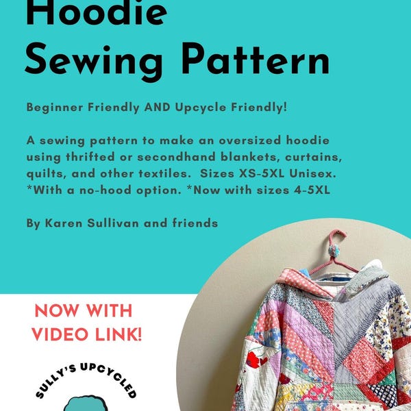 Sully’s Upcycled Hoodie Digital Sewing Pattern- oversized, drop shoulder. Size XS-5XL. Beginner level.