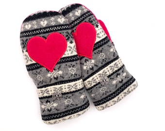 Recycled Wool Sweater Mittens felted, double Sherpa lined, gray, black, hot pink, fair isle