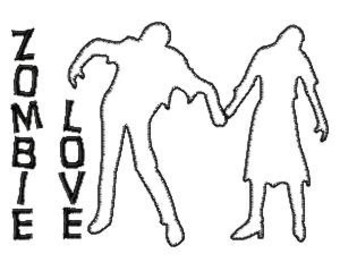 Puede incluir: Ilustración en blanco y negro de un par de zombies tomados de la mano. El texto "ZOMBIE LOVE" está escrito verticalmente en el lado izquierdo de la imagen.