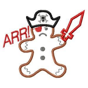 May include: A gingerbread man pirate with a red eyepatch, a black pirate hat with a skull and crossbones, and a red sword. The gingerbread man is saying "ARR!" in red letters.