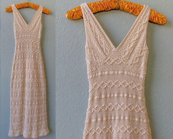 Cream Ivory White Crochet V-Neck Dress 1970s 1960s