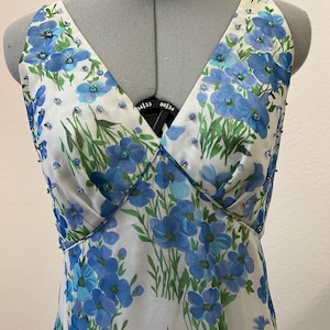 Blue Floral Diamond V-Neck Dress 1960s 1950s Gown XS/S