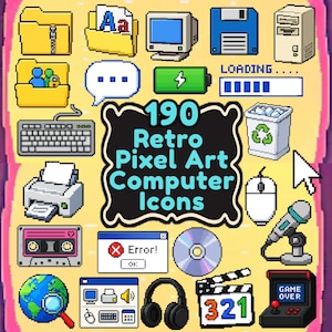 レトロなコンピューターアイコン190個、ピクセルアートのデスクトップPNG画像、ビンテージY2K PCインターフェース、ゲームアセット
