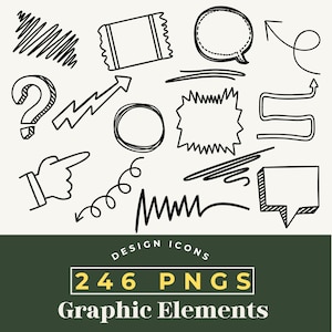 Pode incluir: Uma coleção de elementos gráficos pretos desenhados à mão sobre um fundo creme. Inclui balões de fala, setas, pontos de interrogação e outros ícones de design. A imagem também contém o texto "DESIGN ICONS" e "246 PNGS GRAPHIC ELEMENTS".