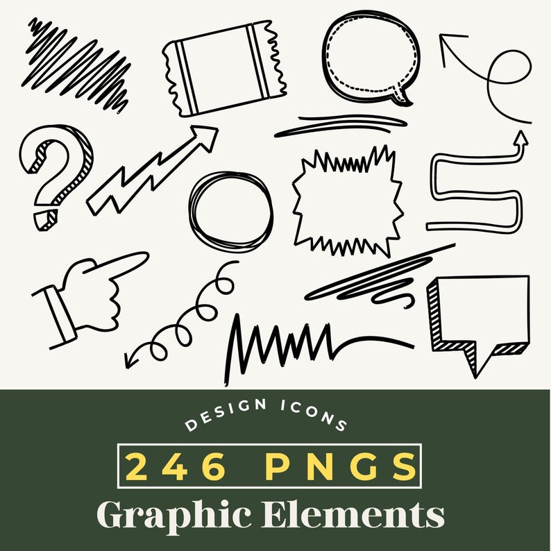 Peut inclure: Ensemble d'&eacute;l&eacute;ments graphiques noirs dessin&eacute;s &agrave; la main sur fond cr&egrave;me. Comprend des bulles de dialogue, des fl&egrave;ches, des points d'interrogation et d'autres ic&ocirc;nes de conception. Le texte "DESIGN ICONS" et "246 PNGS GRAPHIC ELEMENTS" est &eacute;galement pr&eacute;sent.