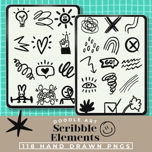 Puede incluir: Dos tabletas de arte digital que muestran elementos de garabatos en blanco y negro. Los garabatos incluyen bombillas, corazones, flechas y bocadillos. El texto de la imagen dice "Doodle Art Scribble Elements" y "118 Hand Drawn PNGs."