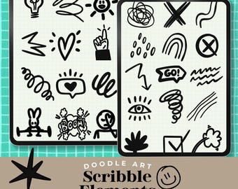 118 Hand Drawn Doodle PNGs, Scribbles, Sketch Clipart for Canva, Goodnotes, Journals, Social Media
