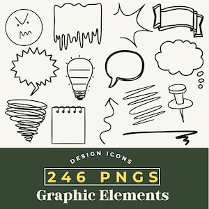 Peut inclure: Ensemble d'&eacute;l&eacute;ments graphiques noirs et blancs, comprenant des bulles de dialogue, une ampoule, un bloc-notes et une fl&egrave;che. L'image contient &eacute;galement le texte "DESIGN ICONS" et "246 PNGS GRAPHIC ELEMENTS".
