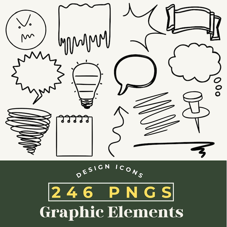 Peut inclure: Ensemble d'&eacute;l&eacute;ments graphiques noirs et blancs, comprenant des bulles de dialogue, une ampoule, un bloc-notes et une fl&egrave;che. L'image contient &eacute;galement le texte "DESIGN ICONS" et "246 PNGS GRAPHIC ELEMENTS".