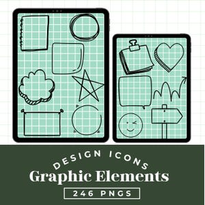 Peut inclure: Deux tablettes noires affichent des &eacute;l&eacute;ments graphiques dessin&eacute;s &agrave; la main sur un fond de grille vert menthe. Les dessins comprennent des formes telles que des nuages, des &eacute;toiles et des bulles. Le texte "DESIGN ICONS Graphic Elements 246 PNGS" est en bas.