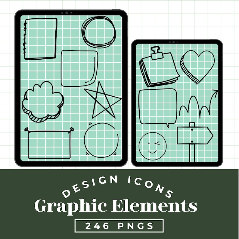 Peut inclure: Deux tablettes noires affichent des &eacute;l&eacute;ments graphiques dessin&eacute;s &agrave; la main sur un fond de grille vert menthe. Les dessins comprennent des formes telles que des nuages, des &eacute;toiles et des bulles. Le texte "DESIGN ICONS Graphic Elements 246 PNGS" est en bas.