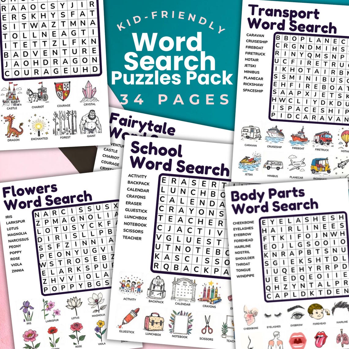 Kids Word Search Puzzle Worksheets, Illustrated Themes, Printables - Etsy