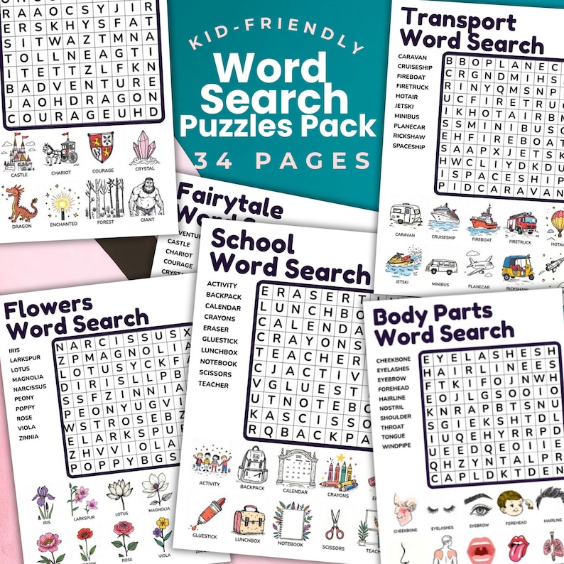 Kids Word Search Puzzle Worksheets, Illustrated Themes, Printables - Etsy