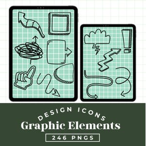 Peut inclure: Deux tablettes noires affichant des &eacute;l&eacute;ments graphiques dessin&eacute;s &agrave; la main, dont des fl&egrave;ches et des bulles, sur un fond de grille vert clair. Le texte "DESIGN ICONS Graphic Elements 246 PNGS" est en bas.
