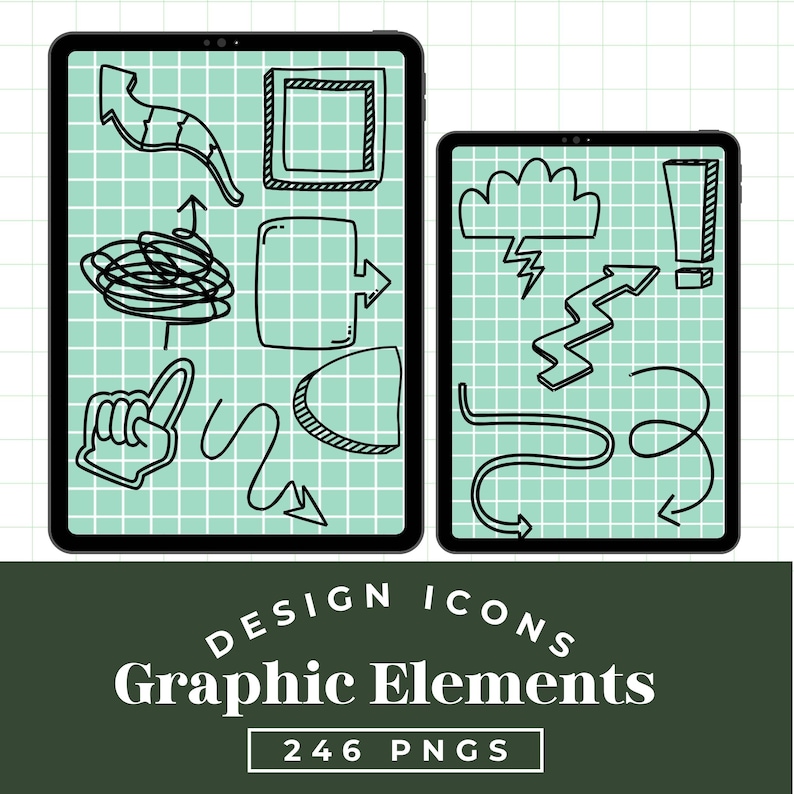 Peut inclure: Deux tablettes noires affichant des &eacute;l&eacute;ments graphiques dessin&eacute;s &agrave; la main, dont des fl&egrave;ches et des bulles, sur un fond de grille vert clair. Le texte "DESIGN ICONS Graphic Elements 246 PNGS" est en bas.