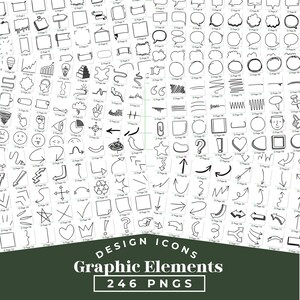 Peut inclure: Ensemble de 246 ic&ocirc;nes de conception PNG et &eacute;l&eacute;ments graphiques en noir et blanc. Les ic&ocirc;nes comprennent des bulles, des fl&egrave;ches, des formes et des symboles. Le texte "DESIGN ICONS Graphic Elements 246 PNGS" est en bas.