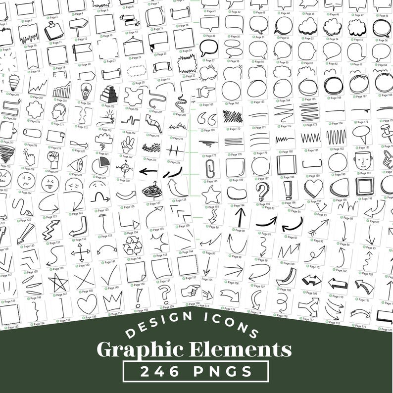Peut inclure: Ensemble de 246 ic&ocirc;nes de conception PNG et &eacute;l&eacute;ments graphiques en noir et blanc. Les ic&ocirc;nes comprennent des bulles, des fl&egrave;ches, des formes et des symboles. Le texte "DESIGN ICONS Graphic Elements 246 PNGS" est en bas.