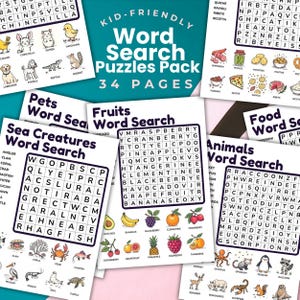 Può includere: Un'immagine colorata di un pacchetto di puzzle di ricerca di parole per bambini. Il pacchetto include vari puzzle a tema, come animali domestici, frutta, creature marine, cibo e animali. Ogni puzzle presenta una griglia di lettere con parole nascoste da trovare.