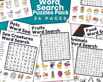 Op de afbeelding: Een kleurrijke afbeelding van een kindvriendelijk woordzoekpuzzelpack. Het pack bevat verschillende thema-puzzels, zoals huisdieren, fruit, zeedieren, eten en dieren. Elke puzzel heeft een raster van letters met verborgen woorden om te vinden.