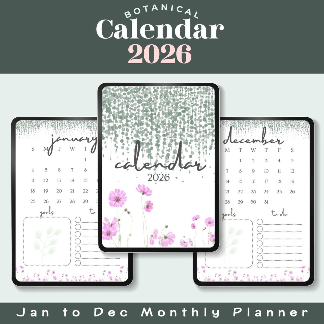 2026 Kalender zum Ausdrucken, Floral Monatsplaner, Undatiert, Journal