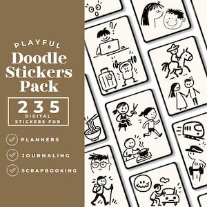 235 adesivos PNG desenhados à mão, ícones de planejamento em preto e branco, clipart para diários compatíveis com GoodNotes e Notability.