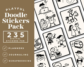 235 autocollants de gribouillis dessinés à la main au format PNG, icônes de planificateur noir et blanc, clipart pour GoodNotes et Notability