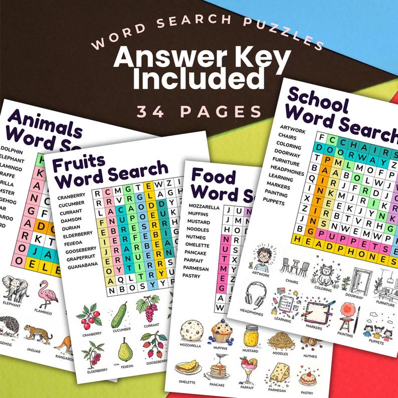 Kids Word Search Puzzle Worksheets, Illustrated Themes, Printables - Etsy