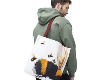 Bolsa de mano con estampado de abejorro en acuarela / Bolsa de playa con estampado de abejas