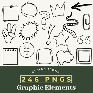 Peut inclure: Ensemble d'ic&ocirc;nes graphiques en noir et blanc, comprenant une couronne, un point d'interrogation, une &eacute;toile et une bulle de dialogue. Comprend &eacute;galement une main faisant le signe de la paix, un bloc-notes et un trombone. Le texte indique "DESIGN ICONS" et "246 PNGS Graphic Elements."