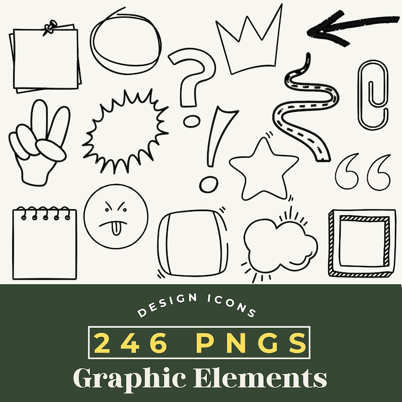 Peut inclure: Ensemble d'ic&ocirc;nes graphiques en noir et blanc, comprenant une couronne, un point d'interrogation, une &eacute;toile et une bulle de dialogue. Comprend &eacute;galement une main faisant le signe de la paix, un bloc-notes et un trombone. Le texte indique "DESIGN ICONS" et "246 PNGS Graphic Elements."
