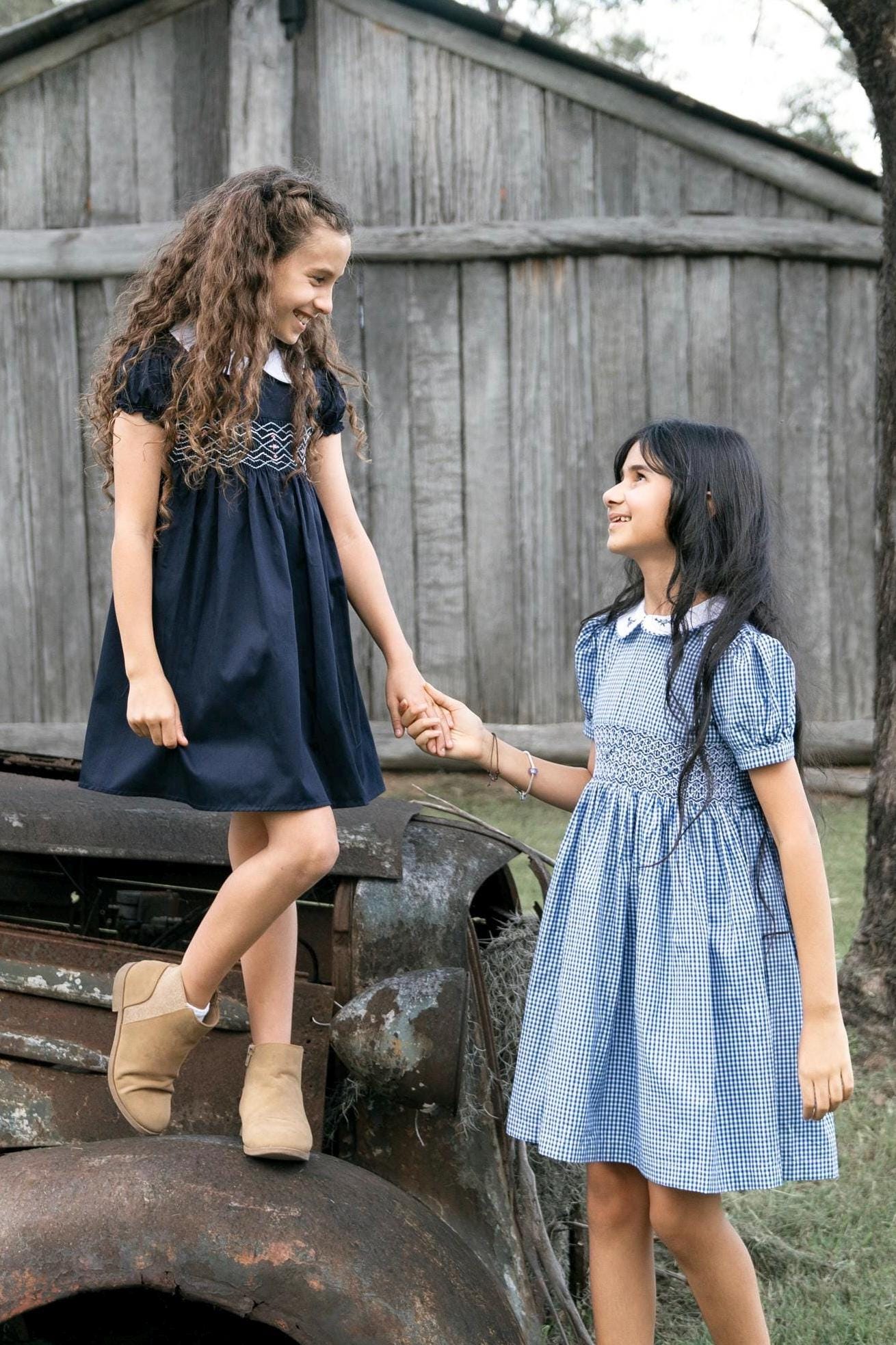 Navy Blue Short Sleeve Dress W/ Smocked Waist & Back Keyhole Closure