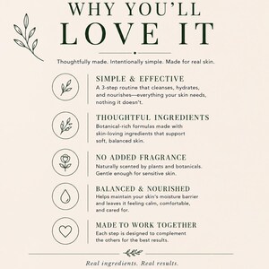 May include: An informational graphic with dark green text on a light beige background. The header reads WHY YOU'LL LOVE IT, followed by five sections with icons: SIMPLE & EFFECTIVE, THOUGHTFUL INGREDIENTS, NO ADDED FRAGRANCE, BALANCED & NOURISHED, and MADE TO WORK TOGETHER.
