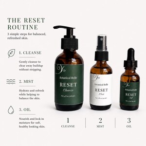 May include: Three amber glass bottles labeled Botanical Belle Reset. The largest has a black pump, the middle a spray nozzle, and the smallest a dropper. Text reads: The Reset Routine, 1. Cleanse 4 fl oz (118 mL), 2. Mist 2 fl oz (59 mL), 3. Oil 1 fl oz (30 mL).