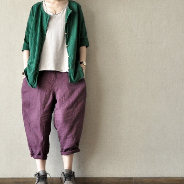 Green  Open Loose  cotton  Shirt Women Clothing--Before and after all can wear