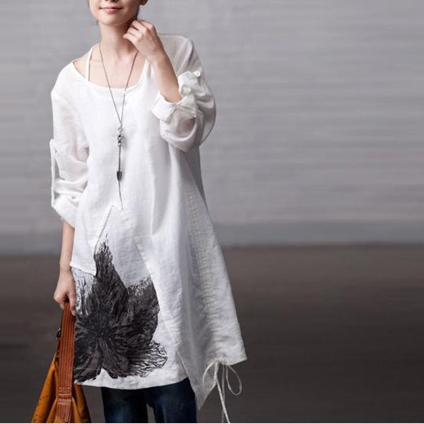 Spring and Summer White  Loose Cotton Leisure  Shirt  Big Pocket  Cotton Long  dress  Linen Women Blouse --4 colours
