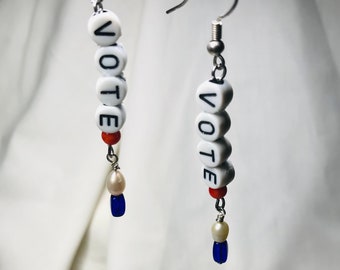 Vote in style earrings democracy patriotic election year your vote  your voice red white and blue white letter beads wagging tail designs