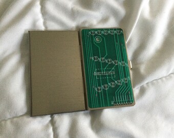 Vintage green circuit board business card case hinged Metal Business Card Travel Holder