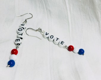 Right to Vote in style earring dont forget to vote election year your vote your voice red white and blue letter beads wagging tail designs