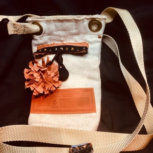 Upcycled Whisky bag eco gift mini crossbody bag burnt orange tan pom pom flower repurposed bag fanny pack save planet wagging tail designs