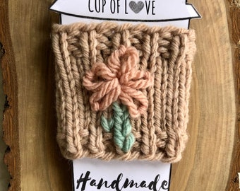 Champagne Pink Hand Knit Coffee Tea Cup Cozy Sleeve with Flower